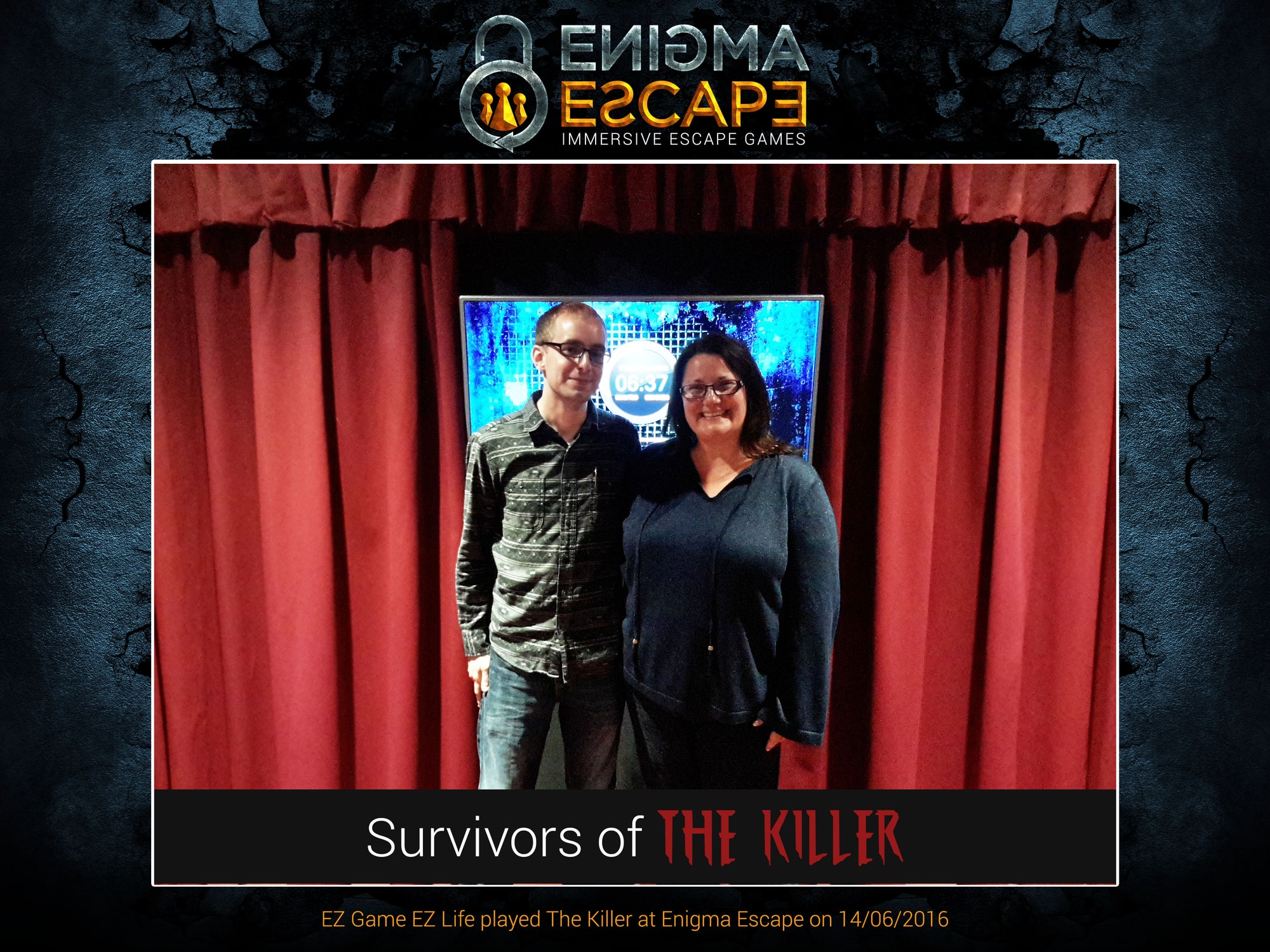 Anthony and Trenna pose beneath The Killer finish-photo branding at Enigma Escape.