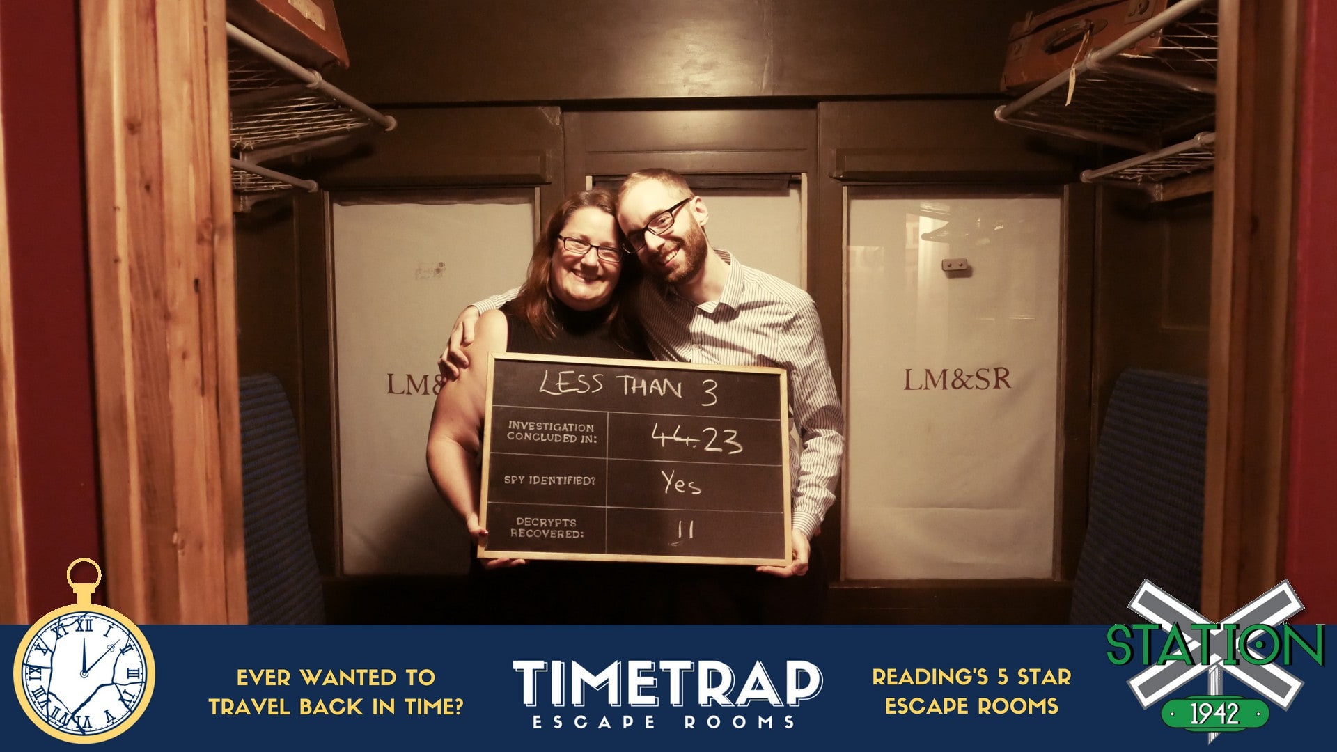 Anthony and Trenna pose after Station X at Time Trap Mysteries, holding the Station 1942 results board.