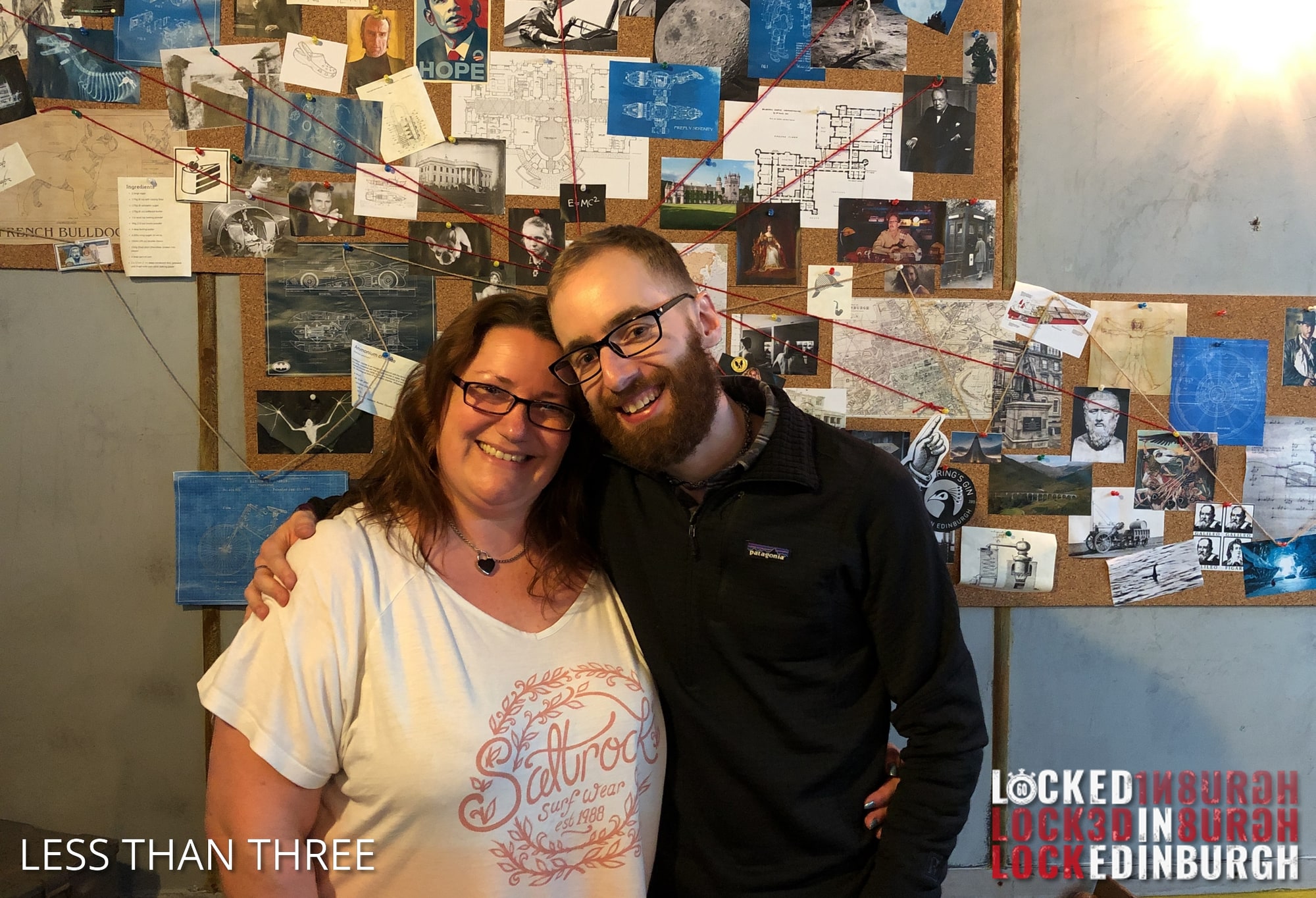 Anthony and Trenna pose after The Cutting Room at Locked in Edinburgh, before an investigation board covered with maps and red string.
