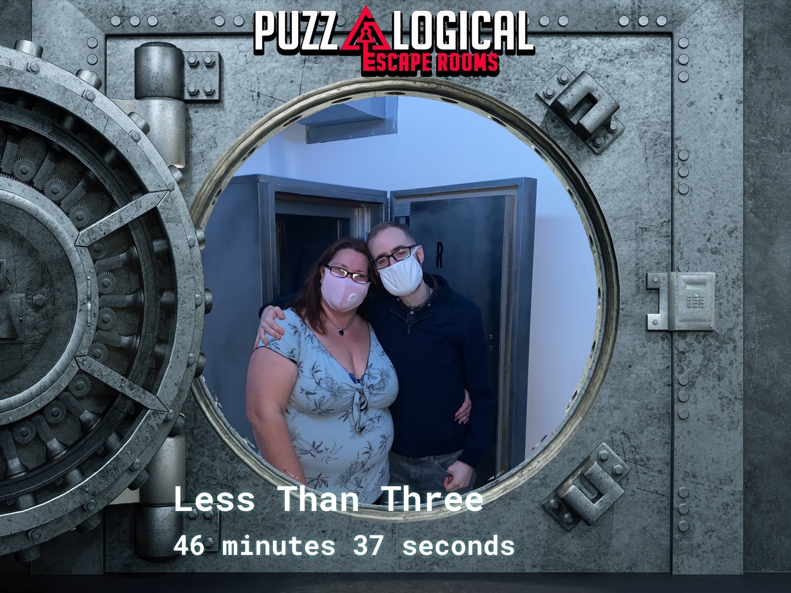 Anthony and Trenna pose after The Vault at Puzzelogical, inside the Puzzalogical vault-door photo frame.