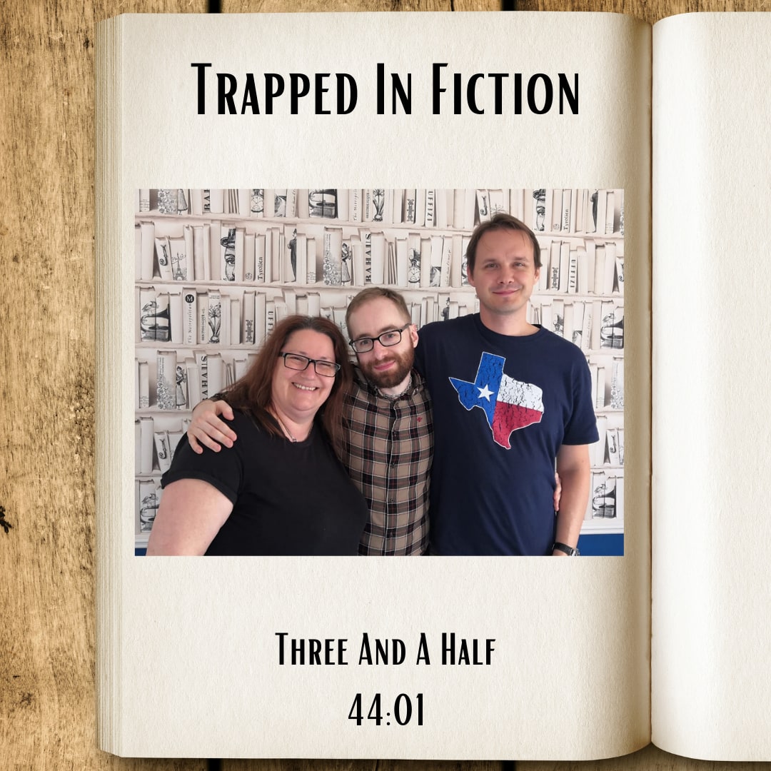 A three-person team pose after The forbidden room of fun at Trapped in fiction, inside the open-book Trapped in Fiction result graphic.